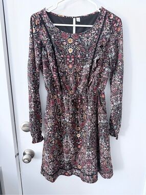 Floral Long-Sleeve Fit & Flare Dress with pockets  in black and floral, XS
